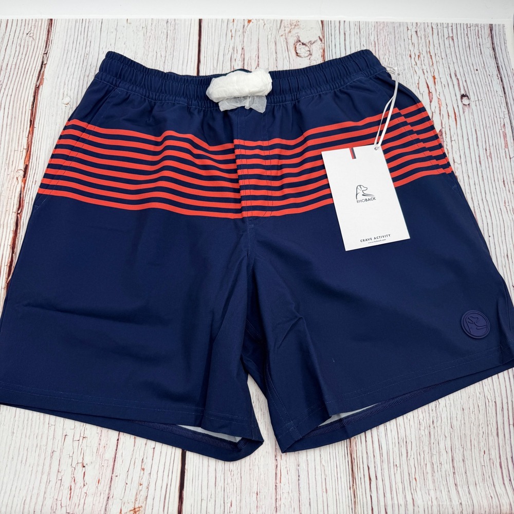 Rhoback Mens Navy Blue Orange Medley Swim Trunks The Wave Runners Size Small NWT